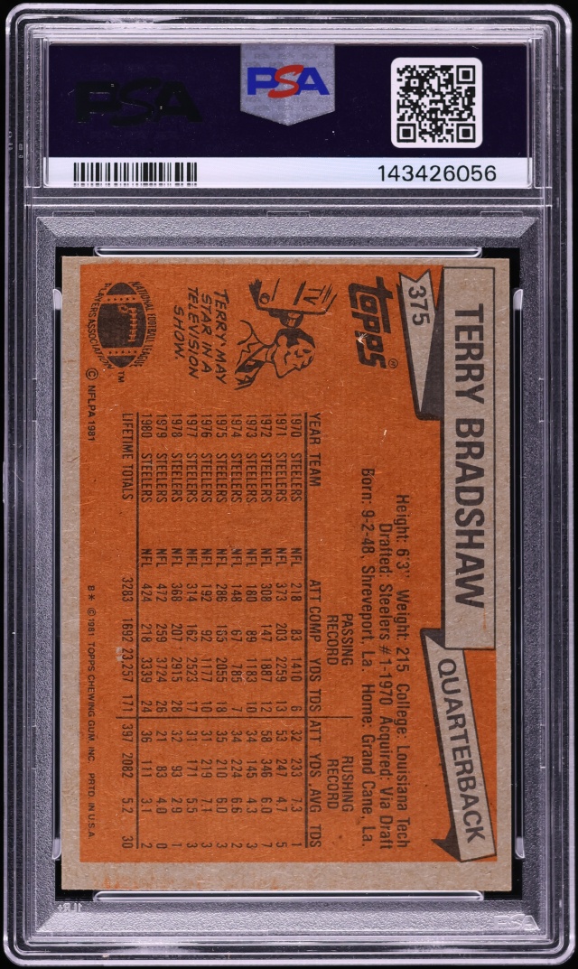 1981 Topps Football Terry Bradshaw #375 PSA 8 NM-MT