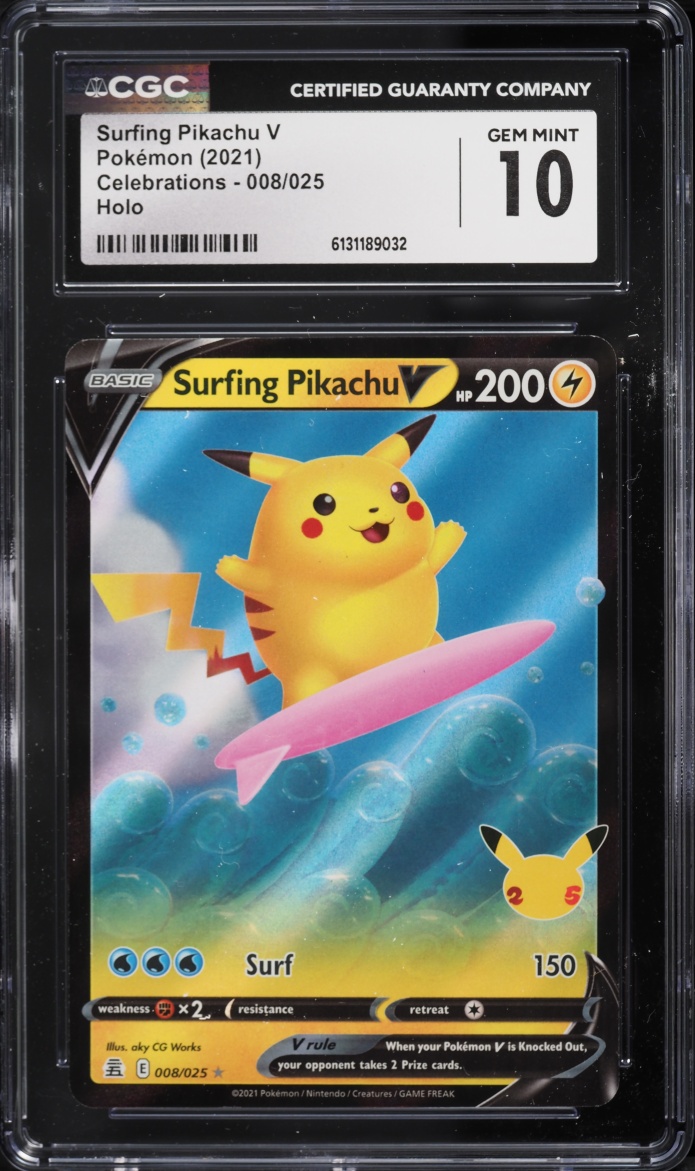 2021 Pokemon Sword & Shield Celebrations Holo Surfing Pikachu V #8 CGC 10 GEM MINT