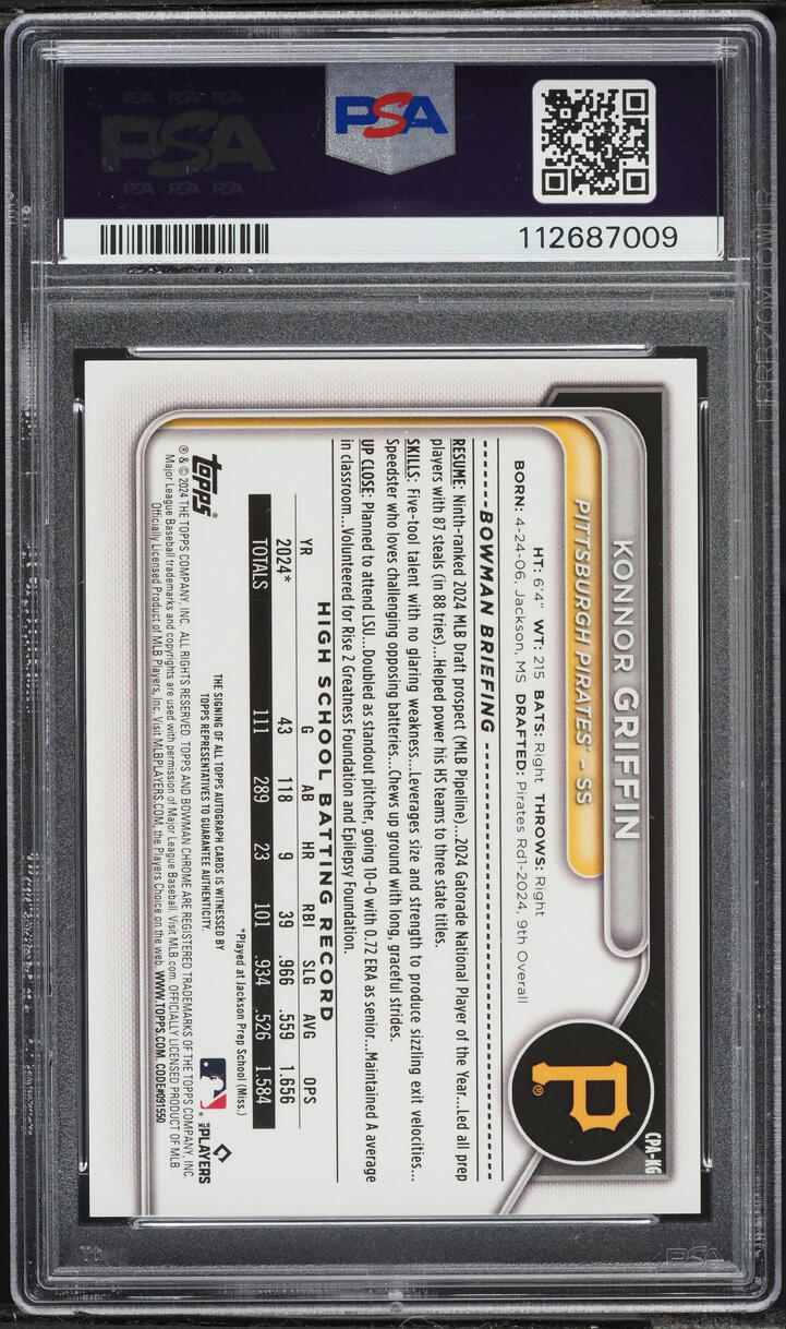 2024 Bowman Chrome Sapphire Orange Konnor Griffin PROSPECT AUTO /25 #CPA-KG PSA 10 GEM MINT