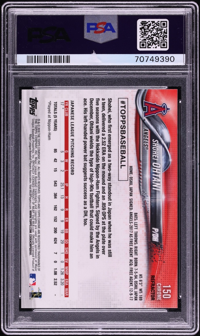 2018 Topps Chrome Pitching Refractor Shohei Ohtani ROOKIE #150 PSA 10 GEM MINT
