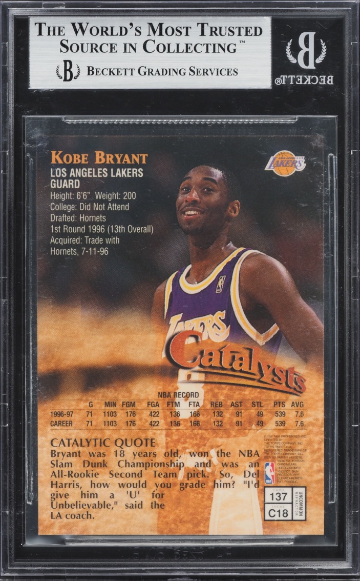 1997 Finest Refractor Missing Serial Number Kobe Bryant #137 BGS 9 MINT