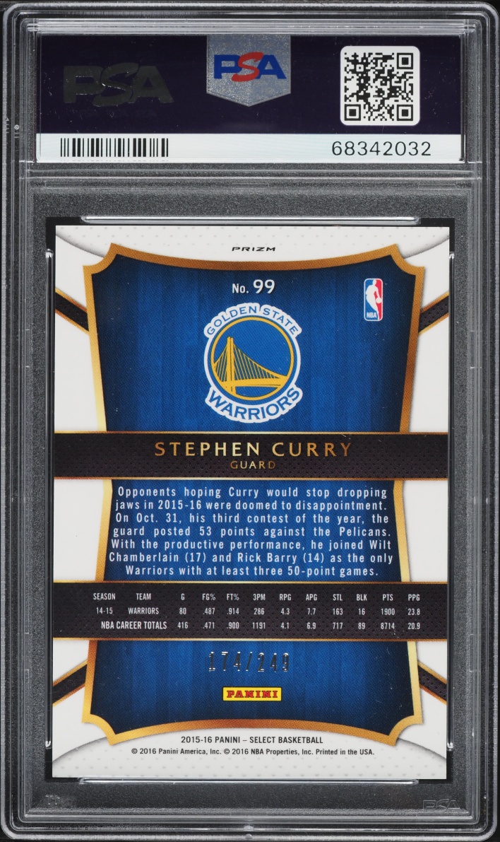 2015 Select Blue Prizm Stephen Curry /249 #99 PSA 10 GEM MINT
