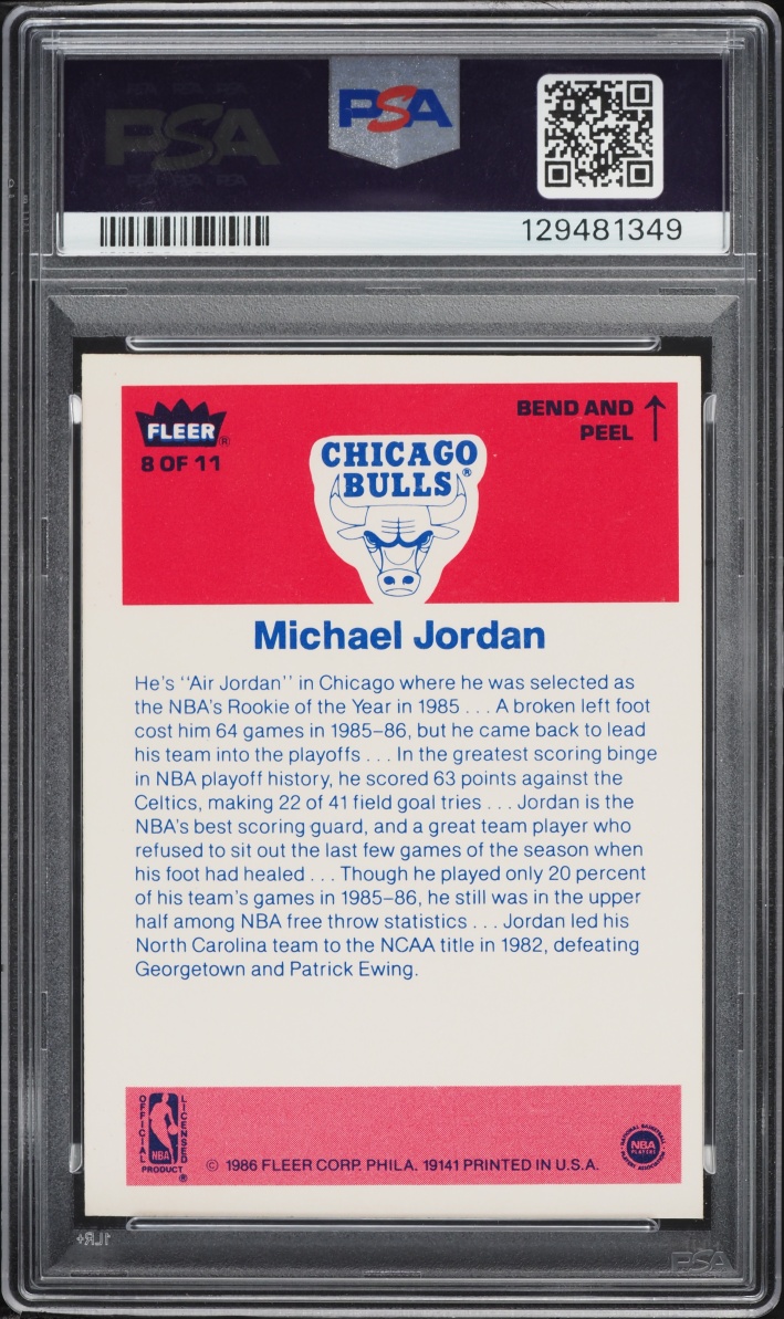 1986 Fleer Sticker Michael Jordan ROOKIE #8 PSA 8 NM-MT