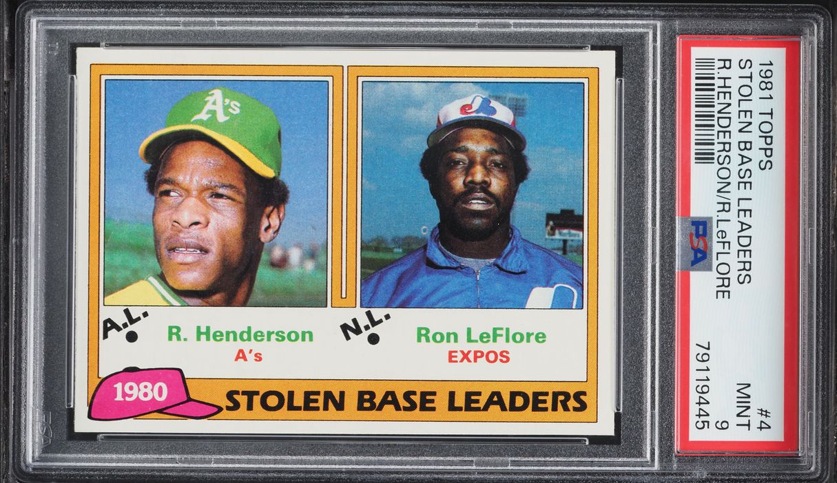 1981 Topps Stolen Base Leaders Ricky Henderson & Ron LeFlore #4 PSA 9 MINT