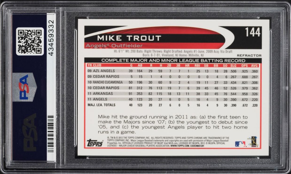 2012 Topps Chrome Purple Refractor Mike Trout ROOKIE #144 PSA 9 MINT