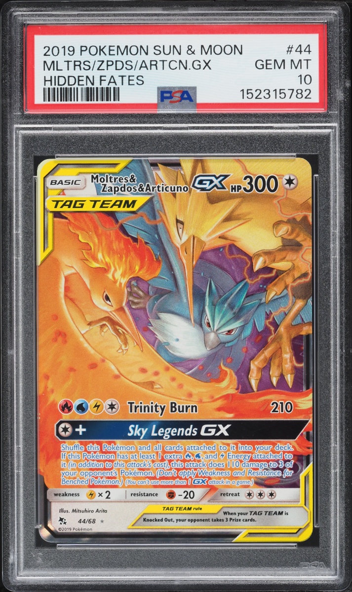2019 Pokemon Sun & Moon Hidden Fates Holo Moltres & Zapdos & Articuno GX #44 PSA 10 GEM MINT
