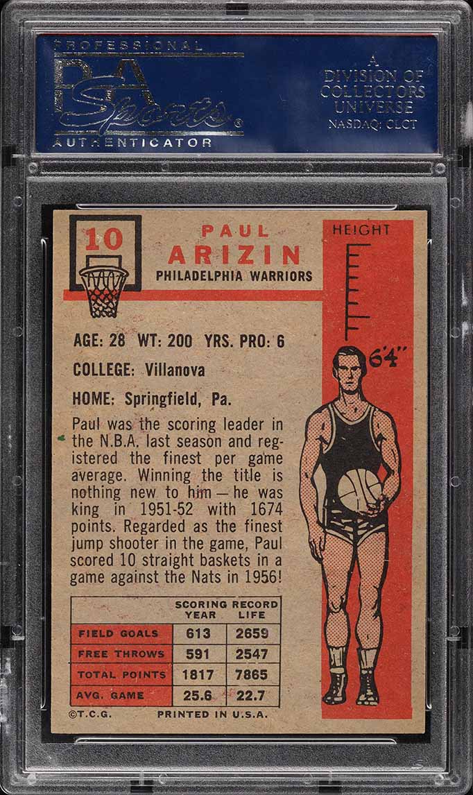 1957 Topps Basketball Paul Arizin ROOKIE #10 PSA 7 NRMT