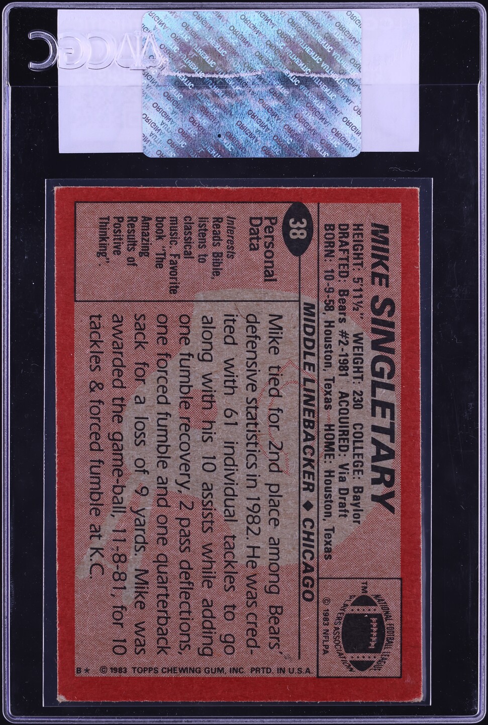 1983 Topps Football Mike Singletary ROOKIE #38 CGC AUTH