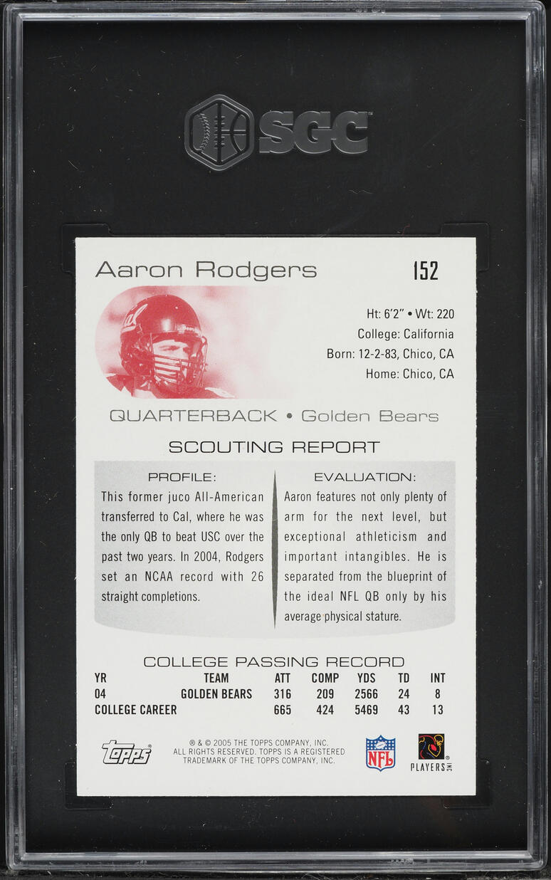 2005 Topps Draft Picks & Prospects Aaron Rodgers ROOKIE #152 SGC 10 GEM MINT