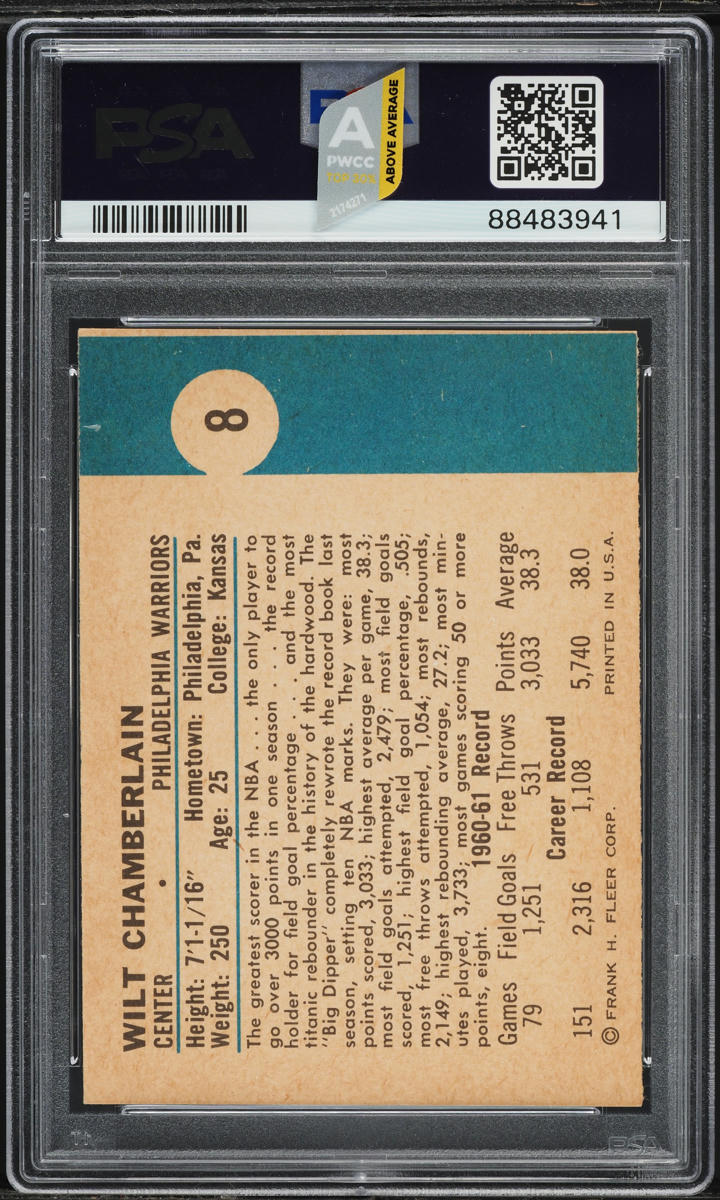 1961 Fleer Basketball Wilt Chamberlain ROOKIE #8 PSA 6.5 EXMT+