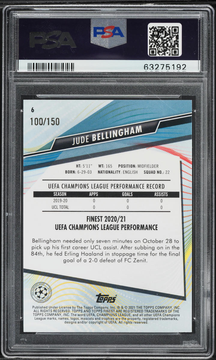 2020 Finest UEFA Blue Refractor Jude Bellingham ROOKIE /150 #6 PSA 10 GEM MINT