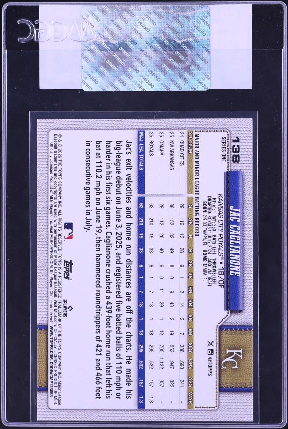 2026 Topps Jac Caglianone ROOKIE #138 CGC AUTH