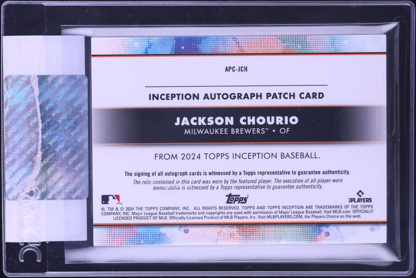 2024 Topps Inception Green Jackson Chourio ROOKIE PATCH AUTO /99 #APC-JCH CGC AUTH