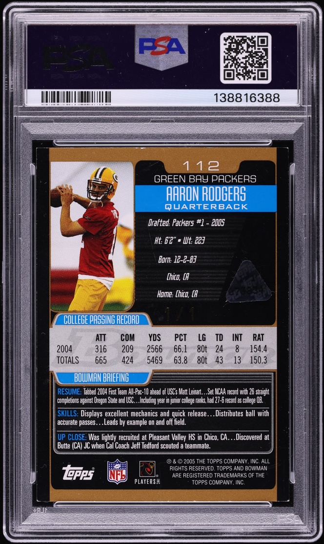 2005 Bowman Gold Aaron Rodgers ROOKIE 1/1 #112 PSA AUTH