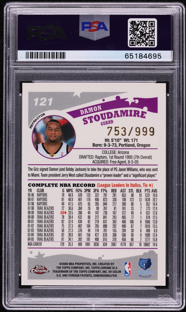 2005 Topps Chrome Refractor Damon Stoudamire /999 #121 PSA 10 GEM MINT