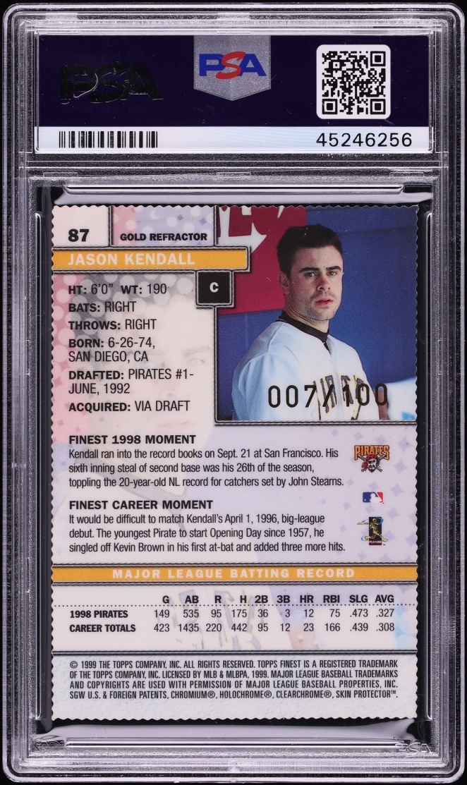 1999 Finest Gold Refractor Jason Kendall /100 #87 PSA 9 MINT - Photo 2
