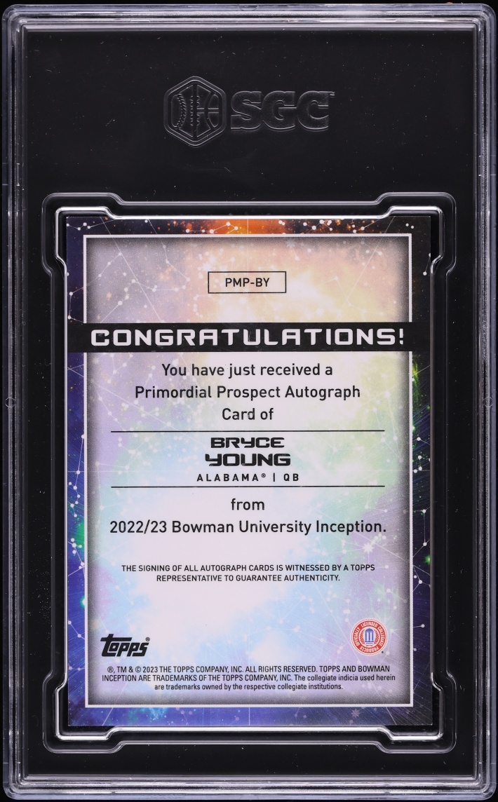 2022 Bowman University Inception Primordial Blue Foil Bryce Young ROOKIE AUTO /75 #BY SGC 9.5 - Photo 2