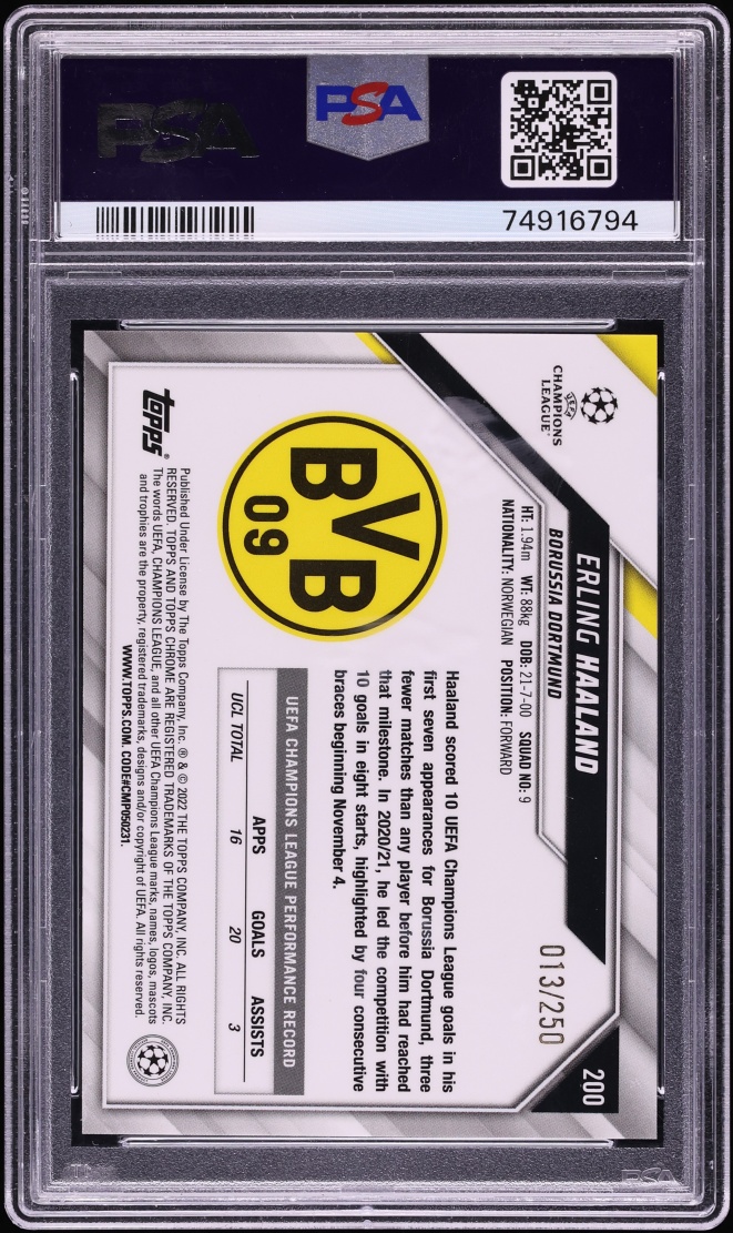 2021 Topps Chrome UEFA Purple Mini Diamond Refractor Erling Haaland /250 #200 PSA 10 GEM MINT - Photo 2