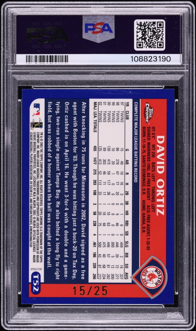 2003 Topps Chrome Traded Xfractor David Ortiz /25 #T52 PSA 9 MINT - Photo 2