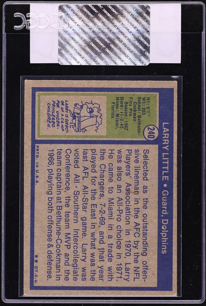 1972 Topps Football Larry Little ROOKIE #240 CGC AUTH