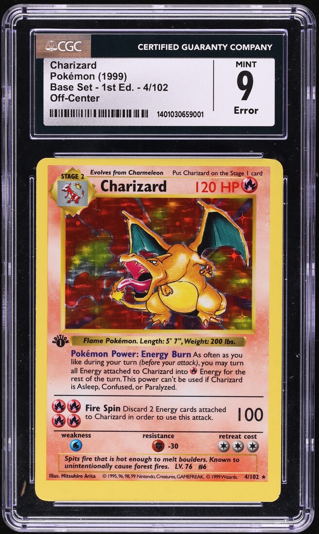 1999 Pokemon Base Set Shadowless 1st Edition Off-Center Holo Charizard #4 CGC 9 MINT