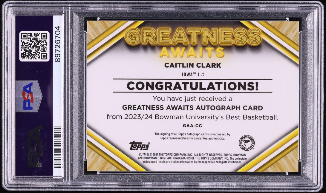 2023 Bowman U Best Greatness Awaits Geo Gold Caitlin Clark RC AUTO /50 PSA 10