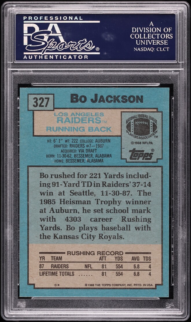 1988 Topps Football Bo Jackson ROOKIE #327 PSA 10 GEM MINT - Photo 2