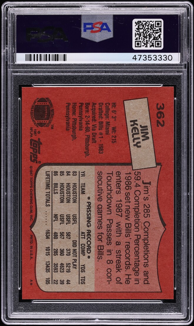 1987 Topps Football Jim Kelly ROOKIE #362 PSA 10 GEM MINT - Photo 2