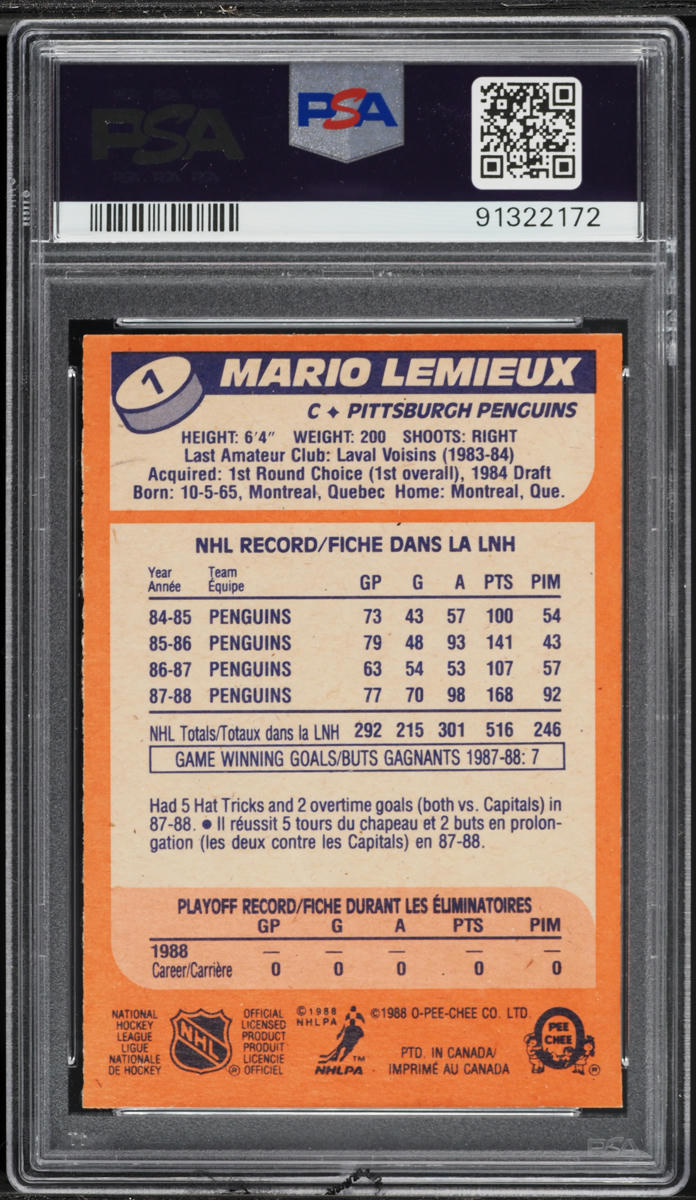 1988 O-Pee-Chee Hockey Mario Lemieux #1 PSA 7 NRMT