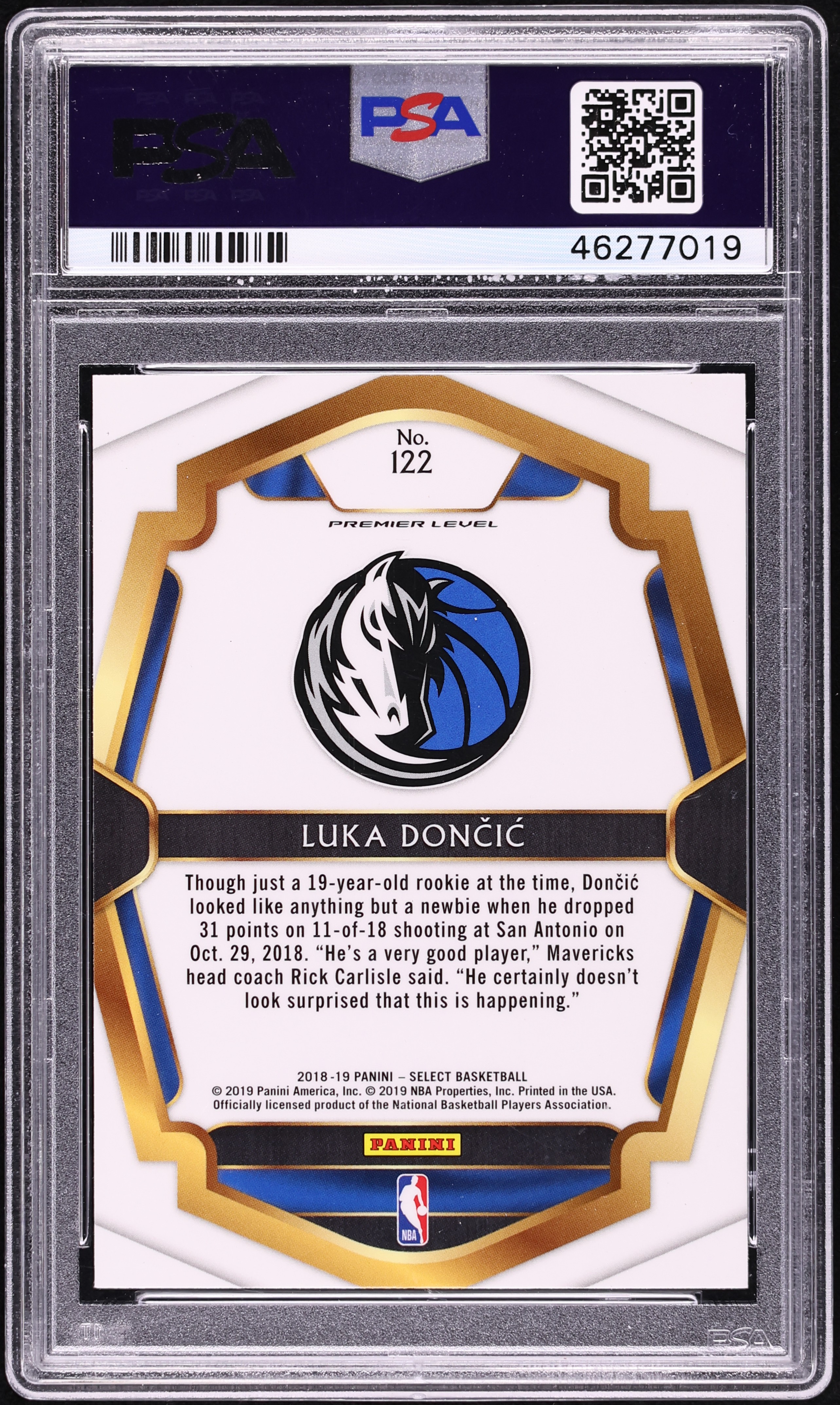 2018 Select Premier Level Die-cut Luka Doncic ROOKIE #122 PSA 10