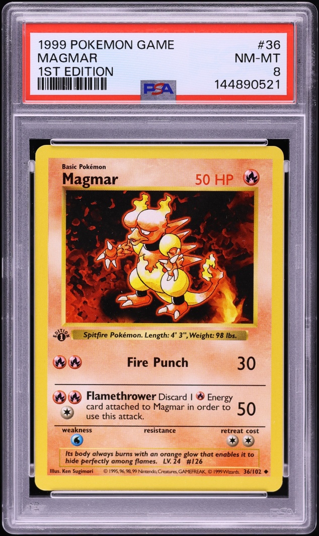 1999 Pokemon Base Set Shadowless 1st Edition Magmar #36 PSA 8 NM-MT