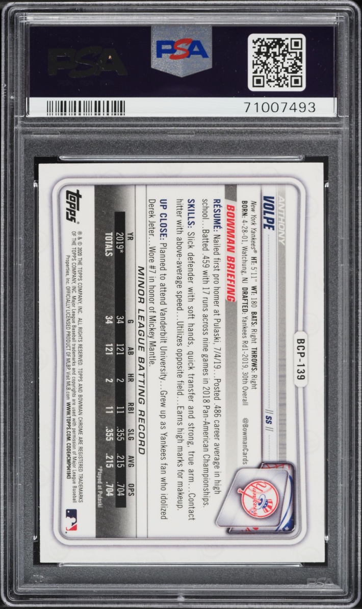 2020 Bowman Chrome Sapphire Anthony Volpe PROSPECT #BCP-139 PSA 10 GEM MINT