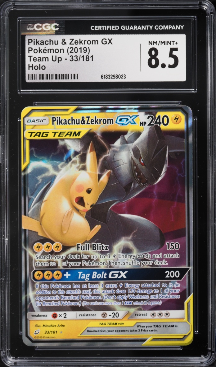 2019 Pokemon Sun & Moon Team Up Holo Pikachu & Zekrom GX #33 CGC 8.5 NM-MT+
