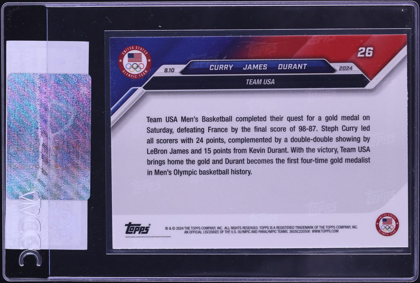 2024 Topps Now Olympic Games Stephen Curry LeBron James Kevin Durant #26 CGC AUTH