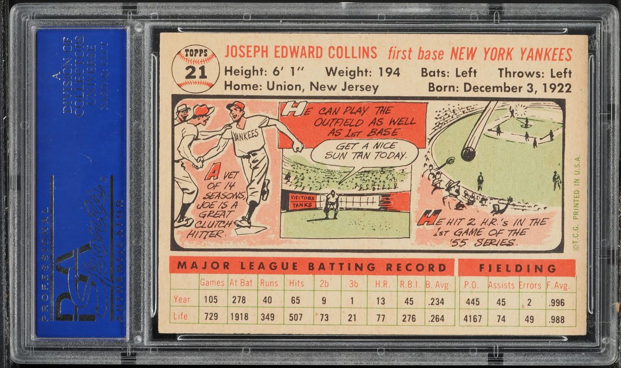 1956 Topps Joe Collins WHITE BACK #21 PSA 7 NRMT