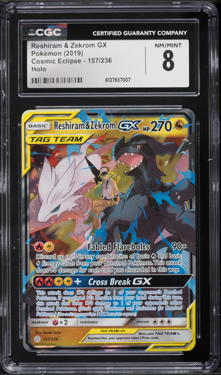 2019 Pokemon Sun & Moon Cosmic Eclipse Alt Art Reshiram & Zekrom GX #157 CGC 8 NM-MT