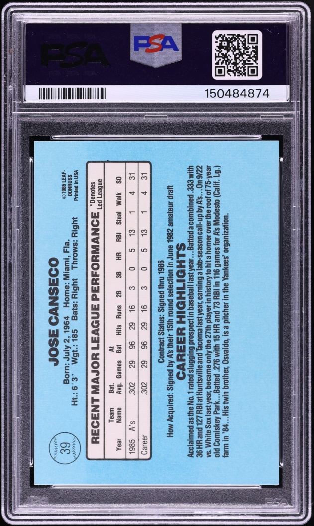 1986 Donruss Jose Canseco ROOKIE #39 PSA 7 NRMT