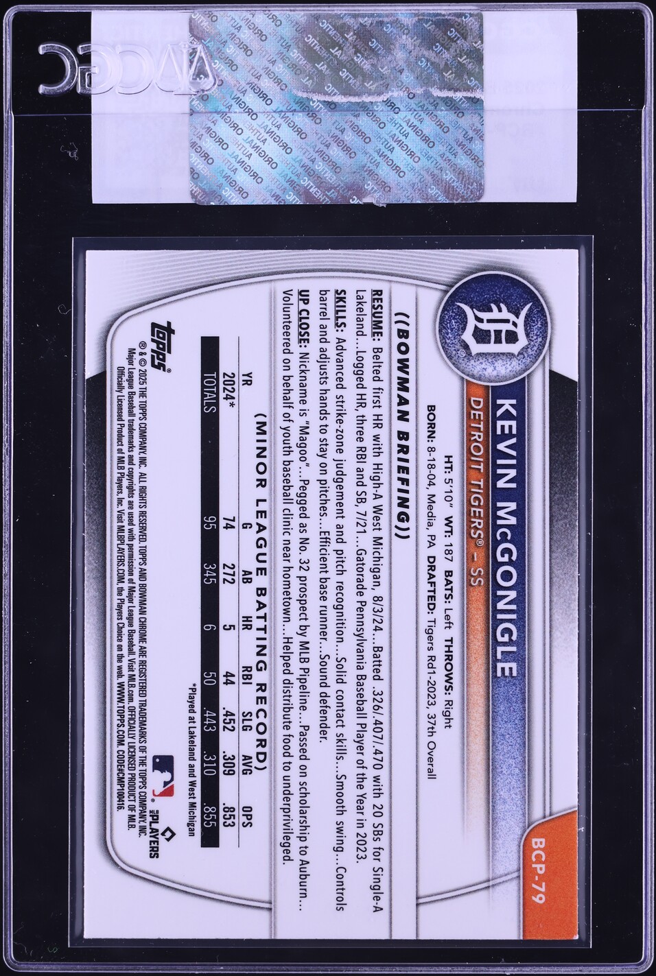 2025 Bowman Chrome Kevin McGonigle PROSPECT #BCP-79 CGC AUTH
