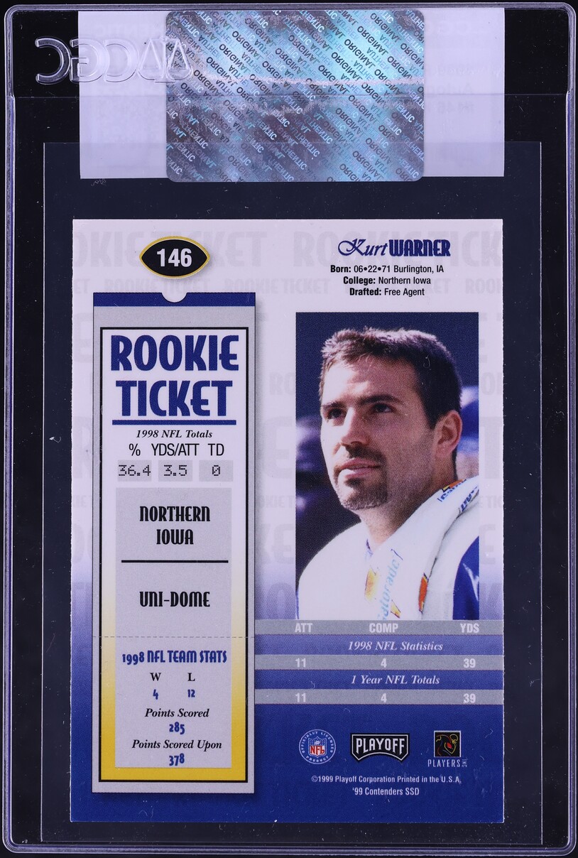1999 Playoff Contenders SSD Kurt Warner ROOKIE AUTO #146 CGC AUTH