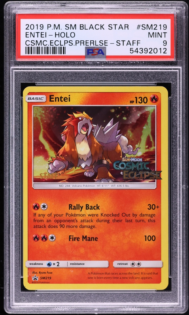 2019 Pokemon Sun & Moon Promo Cosmic Eclipse Staff Holo Entei #SM219 PSA 9 MINT