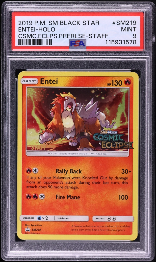 2019 Pokemon Sun & Moon Cosmic Eclipse Promo Staff Holo Entei #SM219 PSA 9 MINT