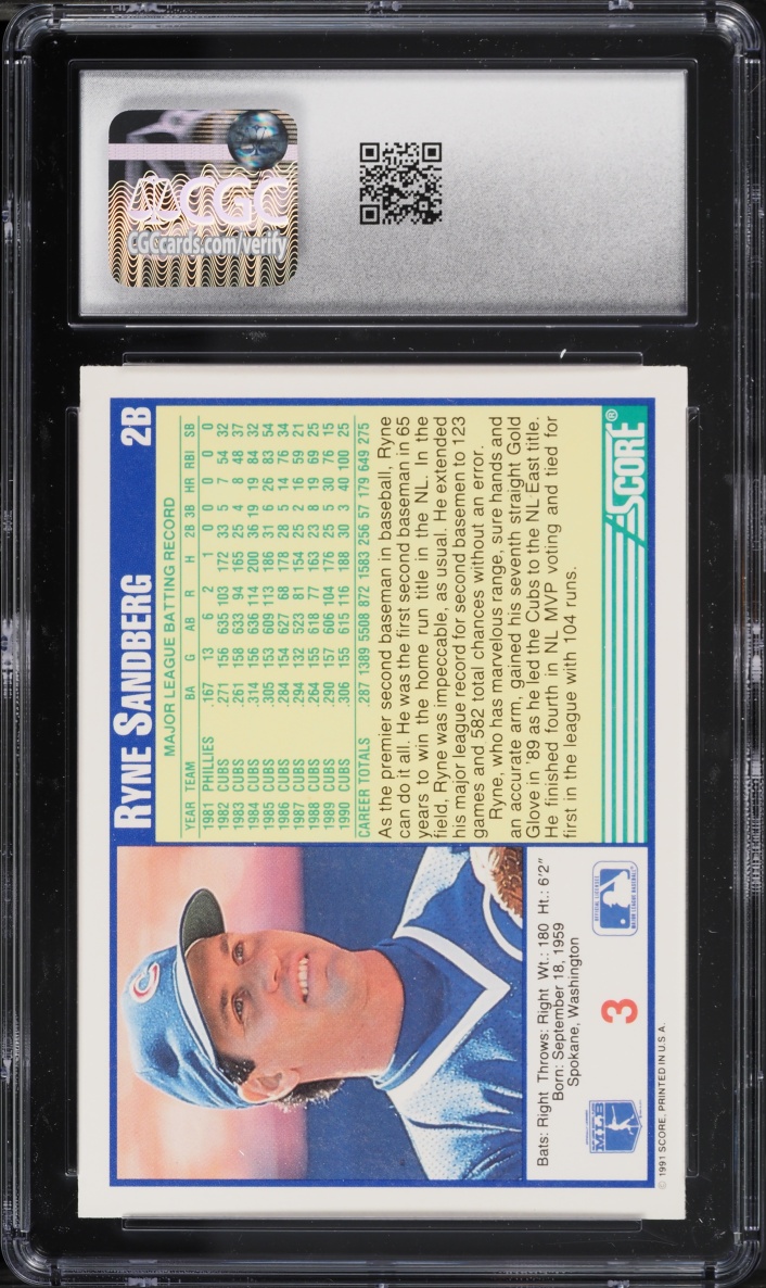 1991 Score Ryne Sandberg #3 CGC 10 GEM MINT