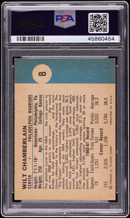 1961 Fleer Basketball Wilt Chamberlain ROOKIE #8 PSA 7.5 NRMT+