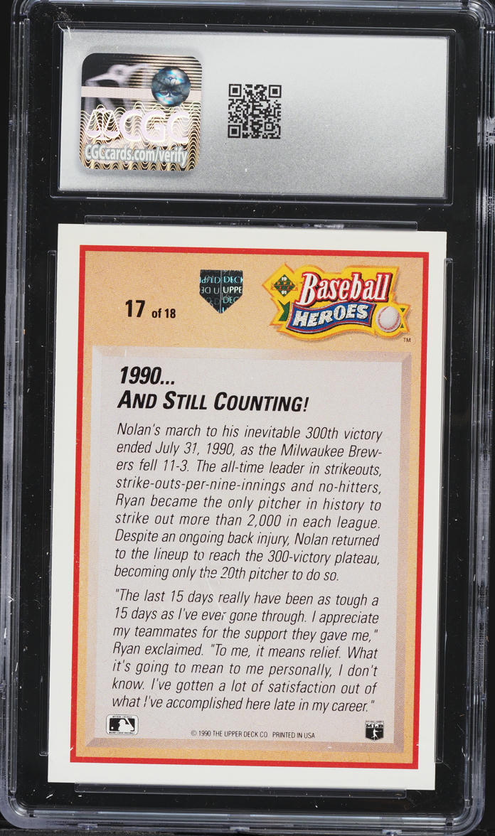 1991 Upper Deck Baseball Heroes '90 And Still Counting Nolan Ryan #17 CGC 9.5 MINT+