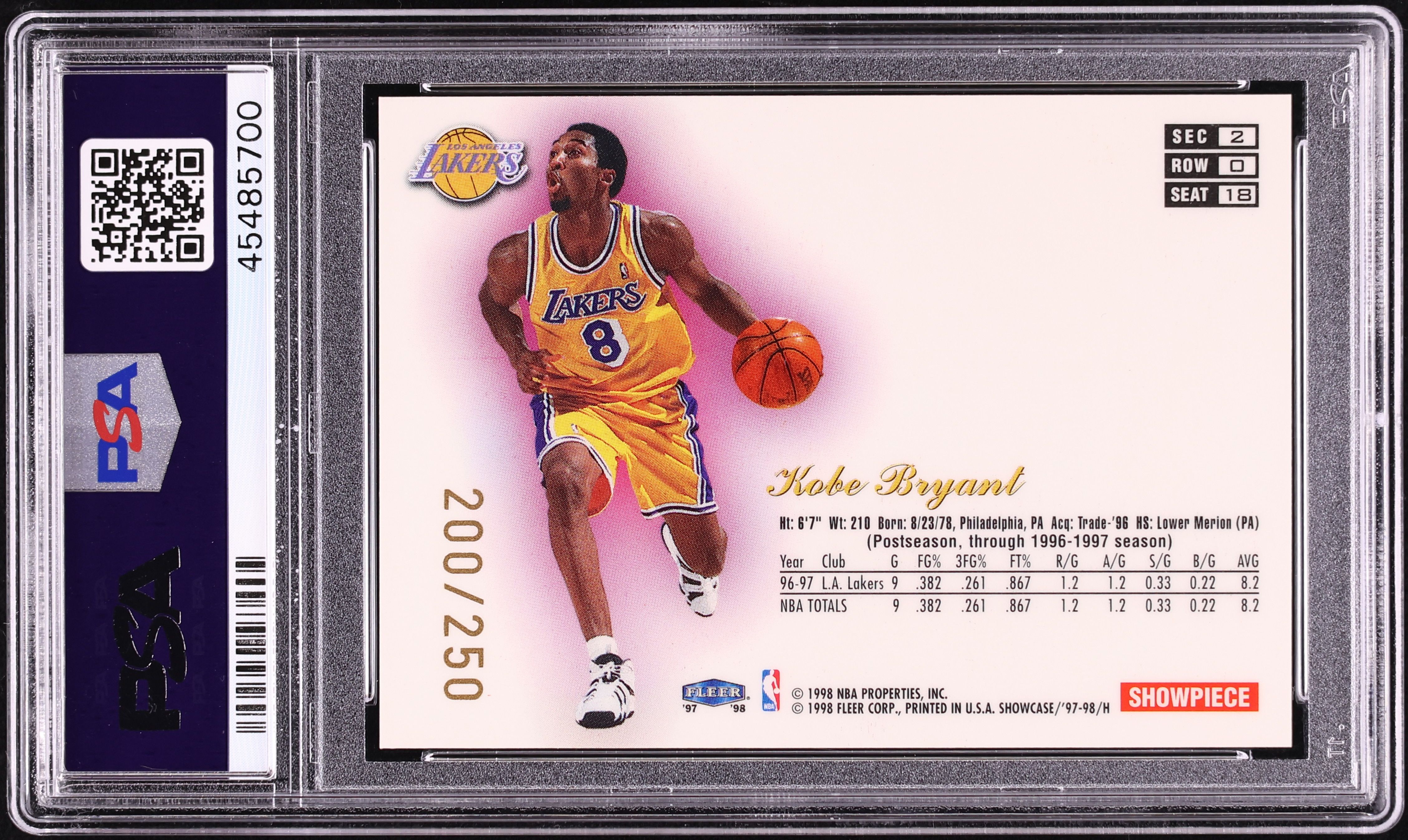 1997 Flair Showcase Row 0 Kobe Bryant /250 #18 PSA 10 GEM MINT on