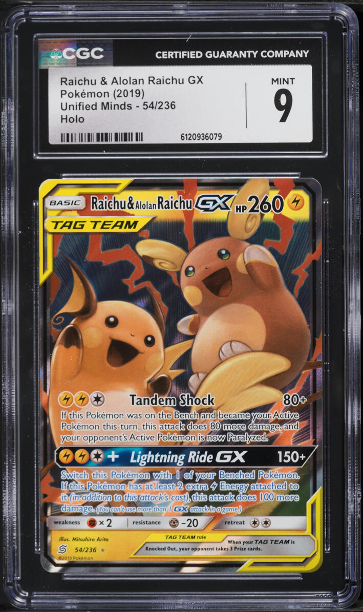 2019 Pokemon Sun & Moon Unified Minds Holo Raichu & Alolan Raichu GX #54 CGC 9 MINT