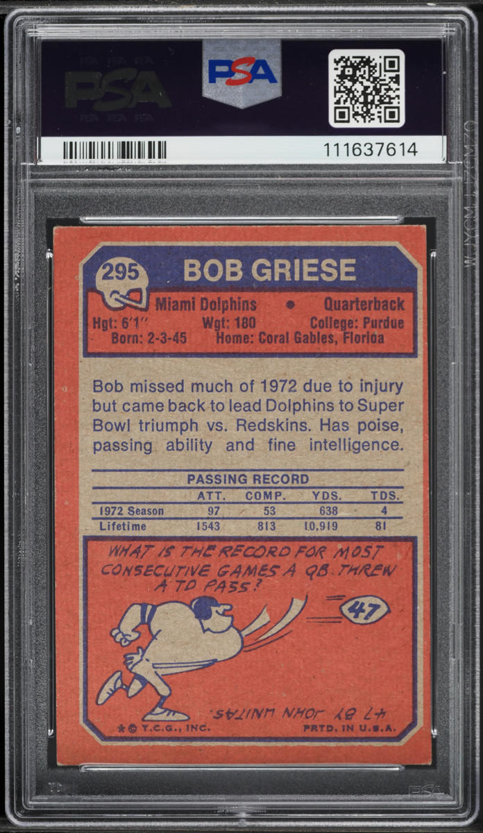 1973 Topps Football Bob Griese #295 PSA 5 EX