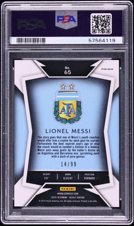 2015 Select Striped Jersey Purple Prizm Lionel Messi /99 #65 PSA 10 GEM MINT