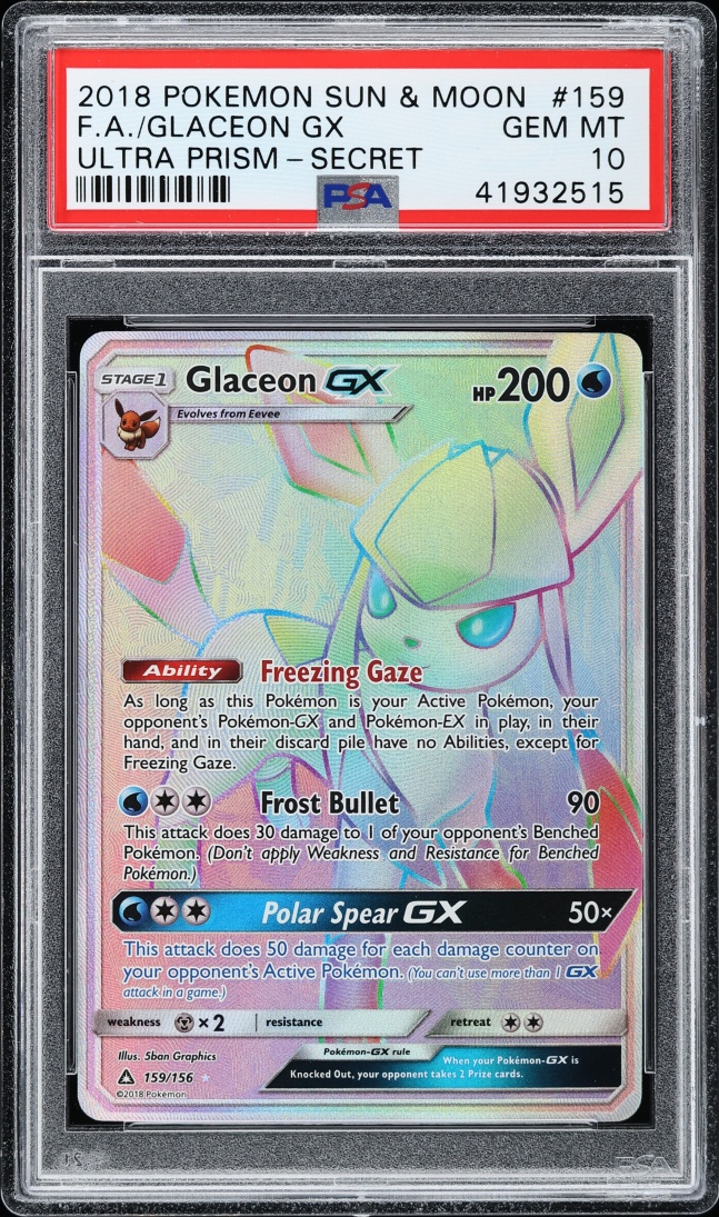 2018 Pokemon Sun & Moon Ultra Prism Rainbow Rare Glaceon GX #159 PSA 10 GEM MINT