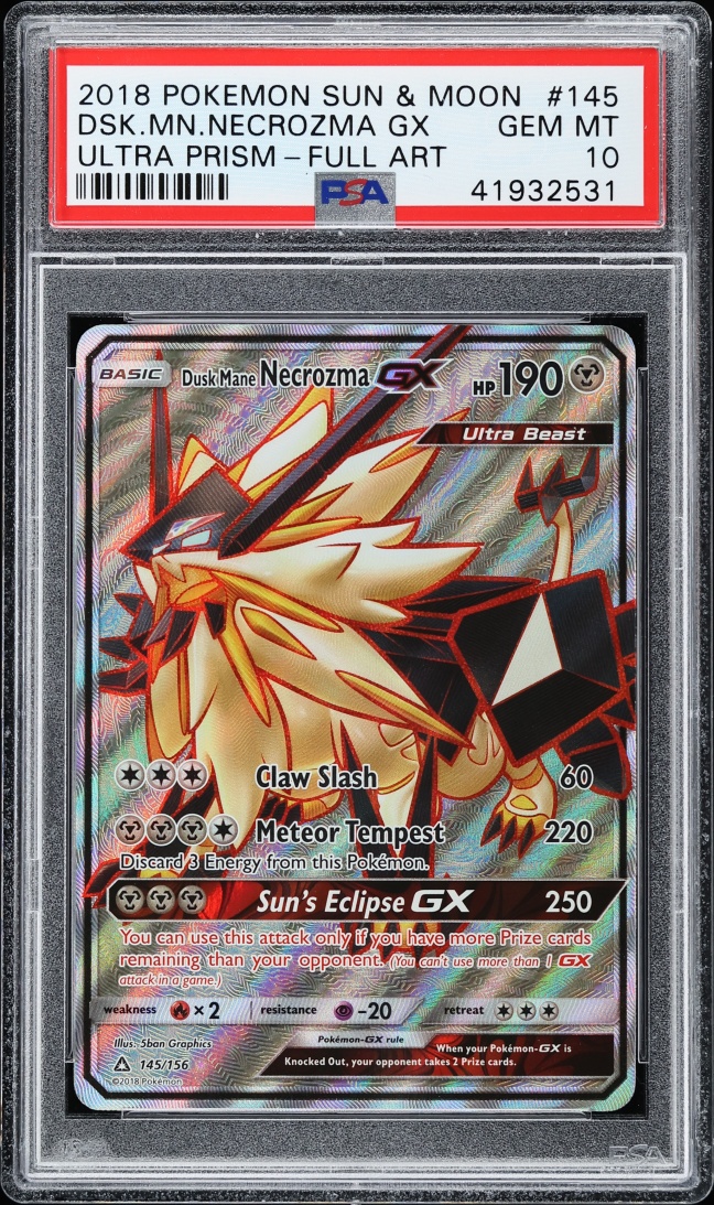 2018 Pokemon Sun & Moon Ultra Prism Full Art Dusk Mane Necrozma GX #145 PSA 10 GEM MINT